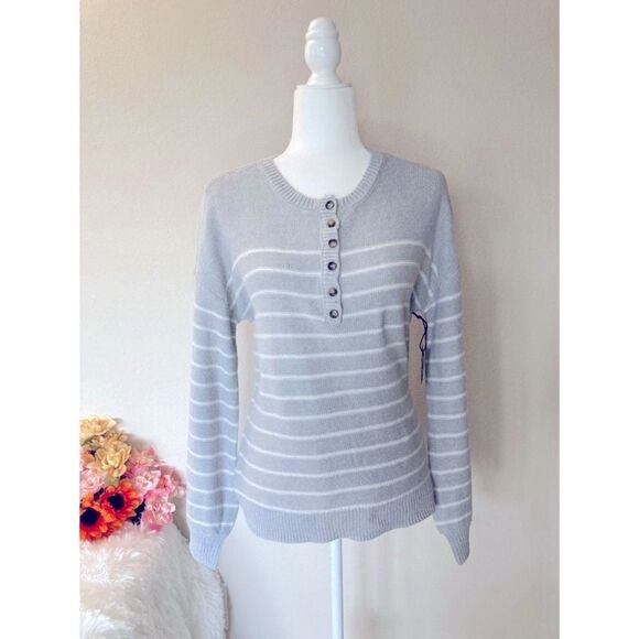 Marled by Reunited Clothing Sweater Women's Size M Grey Striped Crew Neck Top - Picture 2 of 7